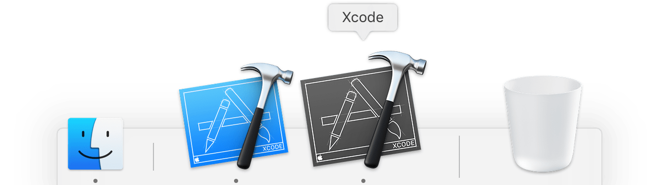 Screenshot showing macOS dock with blue and grey Xcode icons